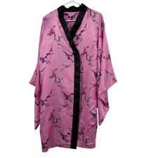 Pink Floral Satin Kimono Robe Cherry Blossom Jacquard Wide Sleeve Loungewear