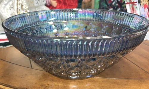 LARGE VINTAGE INDIANA CARNIVAL BLUE WINDSOR GLASS BOWL 10 INCHES