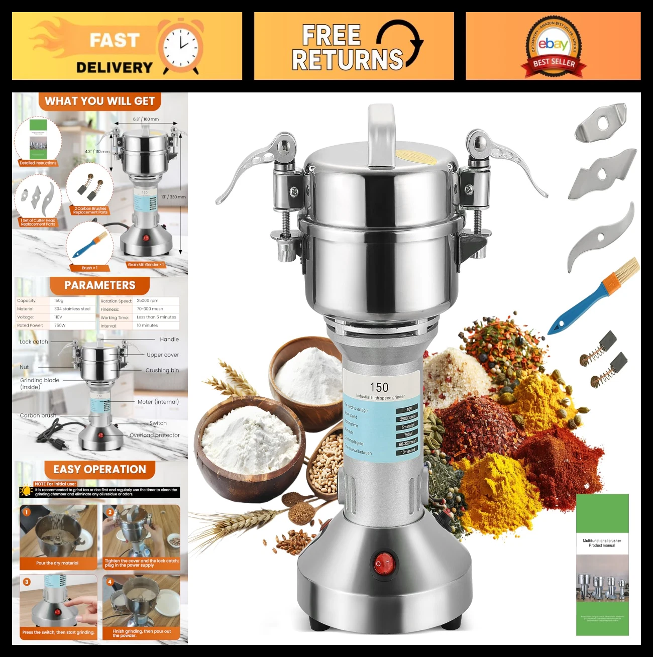 150g Electric Grain Mill Grinder - High Speed 750W Stainless Steel Spice & Coffe