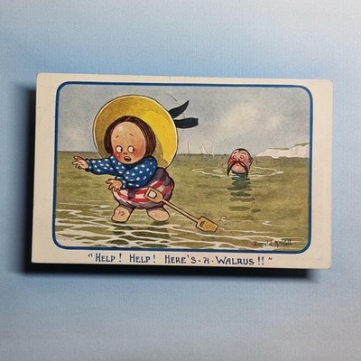 Comic Postkarte 1912 Kind Sea Paddle Walross Künstler signiert McGill