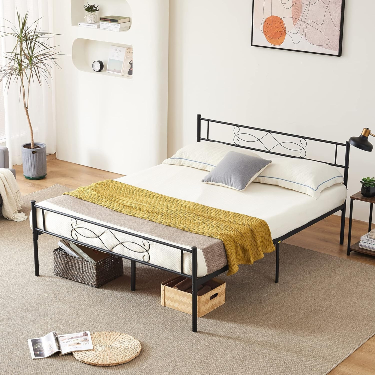 14" Queen Size Metal Platform Bed Frame with Headboard,Premium Steel Slat Suppor