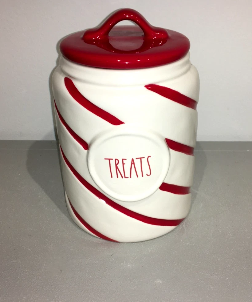 RAE DUNN XMAS PEPPERMINT SWIRL CANISTER "TREATS" GLOSSY RED TOP W/ SEAL (NEW)