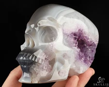 5.0" Agate Amethyst Geode Hand Carved Crystal Skull, Super Realistic