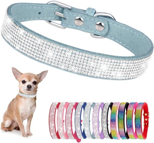 Serijoars Small Dog Collar with Rhinestone Crystal Diamond XXS Light Blue