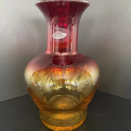 Blenko Art Glass Vase Amberina Red Yellow 7.5" Original Lable