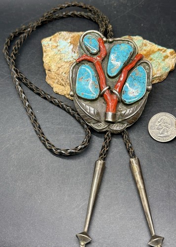Cravatta Bolo GRANDE Old Pawn Zuni Picto firmata gemma sterling turchese e corallo ramo C! - Foto 3 di 22
