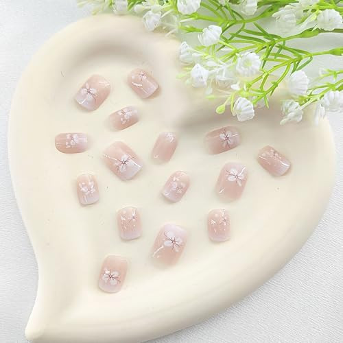 Press on Nails Short False Nails Square with Flower White Gradient Flower - Picture 6 of 7