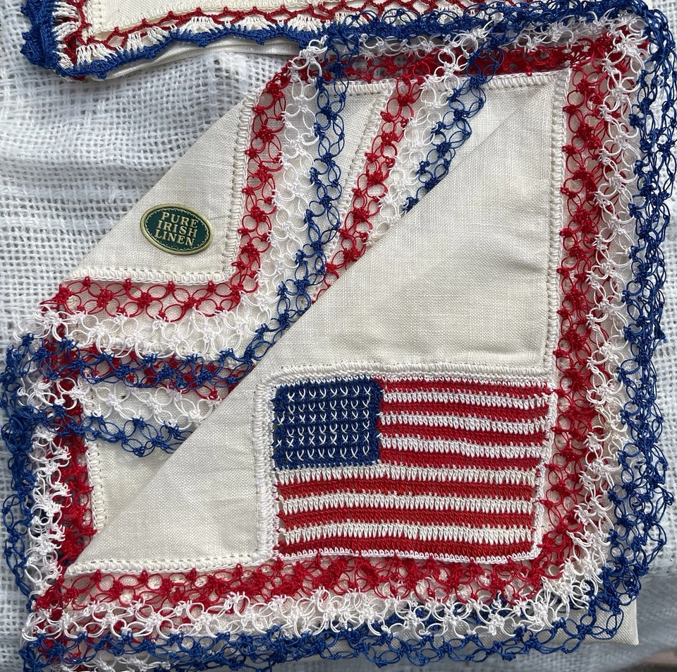3 pañuelos irlandeses de lino patriótico con bandera de Estados Unidos bordados a ganchillo de colección años 50 Foto 3 de 4