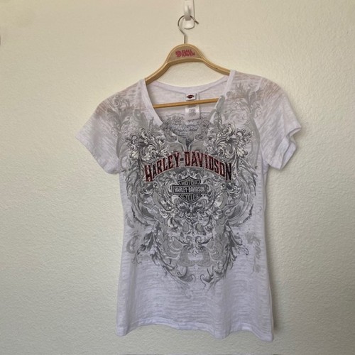 Harley Davidson V-Neck Short Sleeve Burnout Tee Embellished Wild Horse Women XL