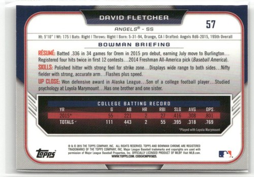 Bowman Draft #57 2015 David Fletcher refractores cromados Los Angeles Angels - Imagen 2 de 2