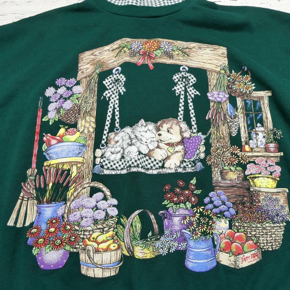 VINTAGE Basic Editions Sweatshirt Womens XL Mock Neck Cats Dogs Made USA 90s - Image 3 of 4