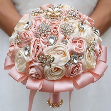 8.7" Peach Pink Cream Bridal Wedding Bouquet Round Bling Brooch Bouquet Thr...
