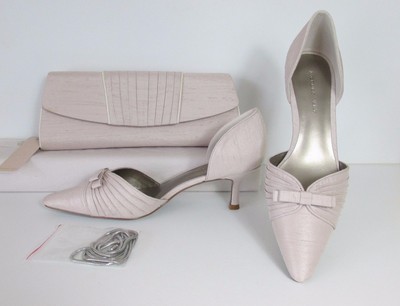 grey kitten heel shoes and bag