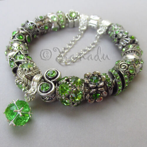Genuine Sterling Pandora Bracelet w/ European Peridot Green August Birthstones - Picture 1 of 6