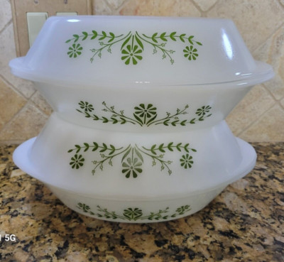 Vintage Oval Glasbake Green Crazy Daisy Divided 12'' Casserole Dish J2352