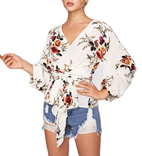 Blusa bianca stampa fiori incrociata allacciata in vita maniche sbuffo - Foto 2 di 3