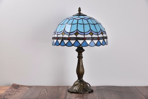 Tiffany Table Lamp Desk Lamp Sea Blue Stained Glass Antique Bedside Light H14" - Picture 28 of 30
