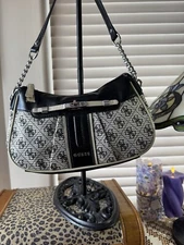 GUESS HANDBAG GORGEOUS AND GREAT QUALITY, BLACK AND BROWN, LEATHER & CANVAS, A++