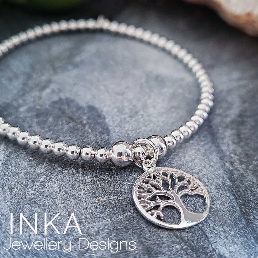 925 Sterling Silver stretch bead Stacking Bracelet with Tree of Life charm  INKA