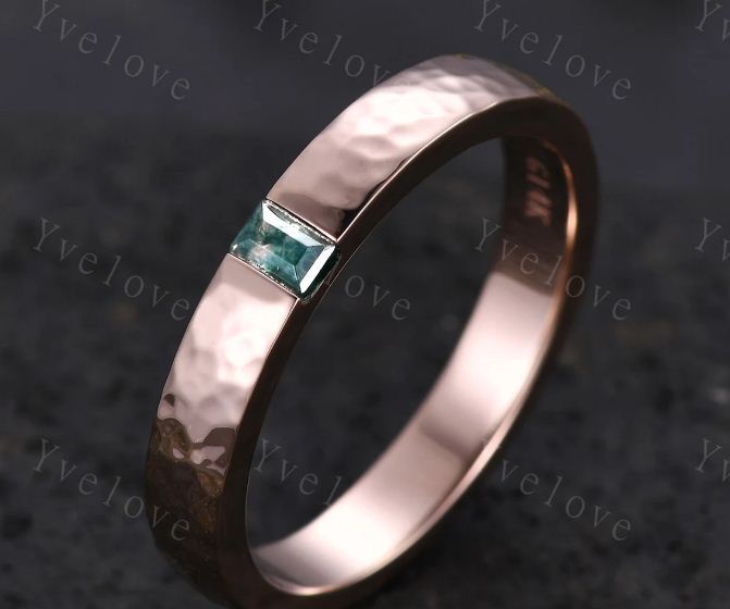 Men's Moss Agate Baguette Cut Wedding Band in 925 Silver Retro Vintage Style-image