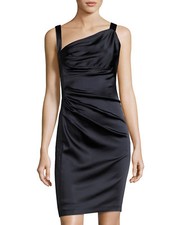 Vera Wang ~ Navy Satin Asymmetric-Neck Ruched Sheath Party Dress 6 NEW $268