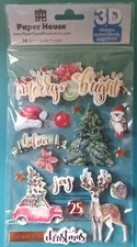 PAPER HOUSE 3D CHRISTMAS STICKER SET~ MERRY & BRIGHT~ DEER~ TREE~ SANTA HAT