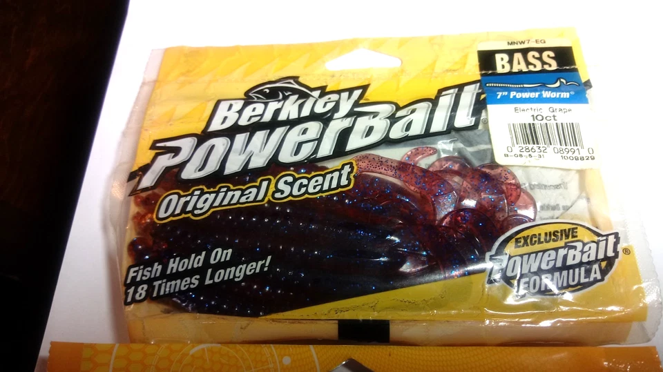 BERKLEY "POWER BAIT",NEW, LOT OF 2 PKS, 7" POWER WORMS,GR.PUMPKIN&ELECT.GRAPE - Image 3 of 3