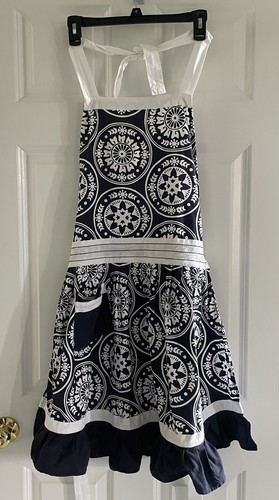 VTG Bib Apron Blue White Mandala Ruffle Pocket Cotton Boho Trad Wife Retro