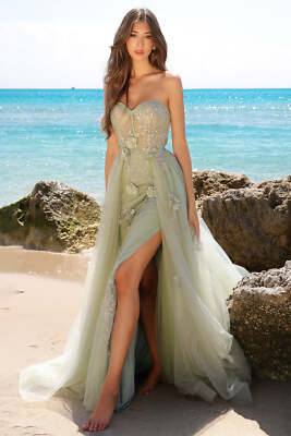 Strapless Sheer Bustier-Inspired Bodice Side Slit Long Prom Dress