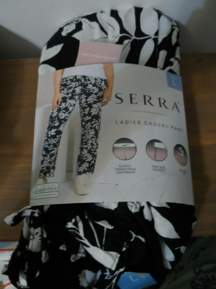 NEW Women's SERRA Black White Drawstring Tapered Lounge Pants Size Large L