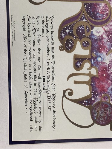 International Star Registry 2010 Astronomy Space 16x20 Framed Matted Certificate - Picture 2 of 4