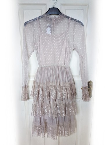 BOOHOO Dusky Pink Sheer Lace Tulle Tiered Ruffle Dress, Size 8 - BNWT - Picture 8 of 9