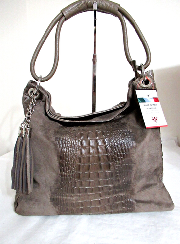 MADE IN ITALY LARGE ITALIAN CALF LEATHER & SUEDE SHOULDER BAG - CROCO-EMBOSSED - Picture 2 of 12