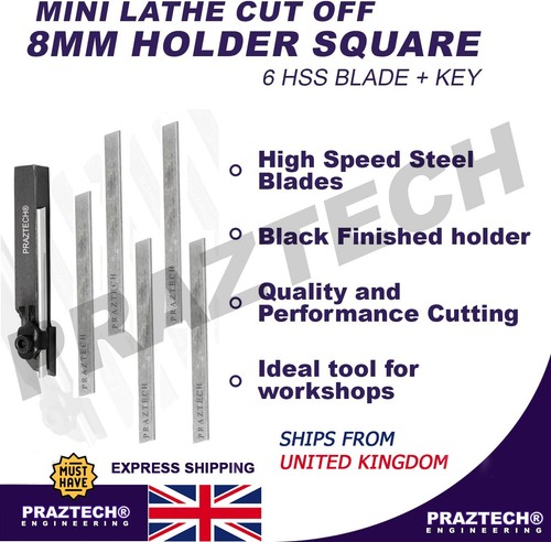 Mini Lathe Cut Off 8mm Holder Square Parting Tool with 6pcs HSS Blade + Key - Picture 3 of 7