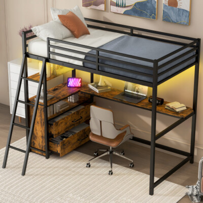 Loft Bed with Desk Twin Size Bunk Beds with Storage Drawers Charging Station LED