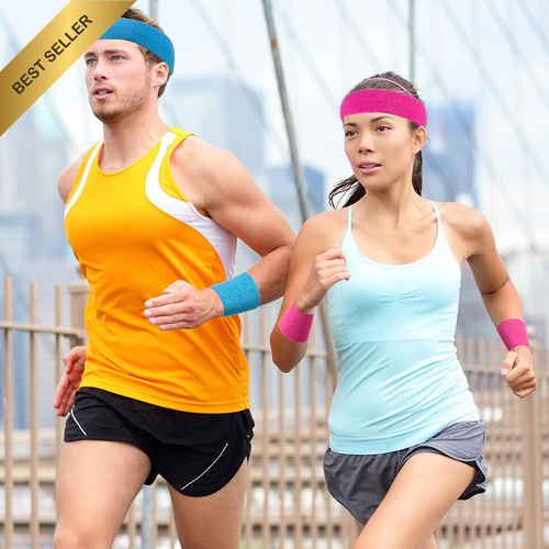 Sweatbands Set, Colorful Cotton Headbands & Wristbands for Men & Women - Picture 5 of 12
