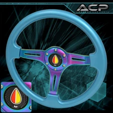 Universal Jdm 350mm 6 Hole Sky Blue Trim Neo Chrome 3 Streak Steering Wheel