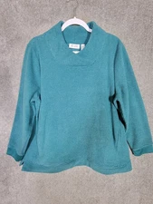Denim & Co Chenille Fleece Tunic Top Womens Size LP Teal Crossover Neck Pockets
