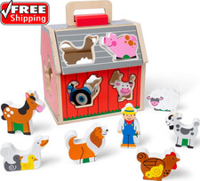 Melissa  Doug Take-Along Wooden Toy Barn, 11-Pc Portable Toddler Playset with F
