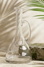 Vintage  1970s Etched Glass Floral Wine Decanter Pitcher w/ Handle