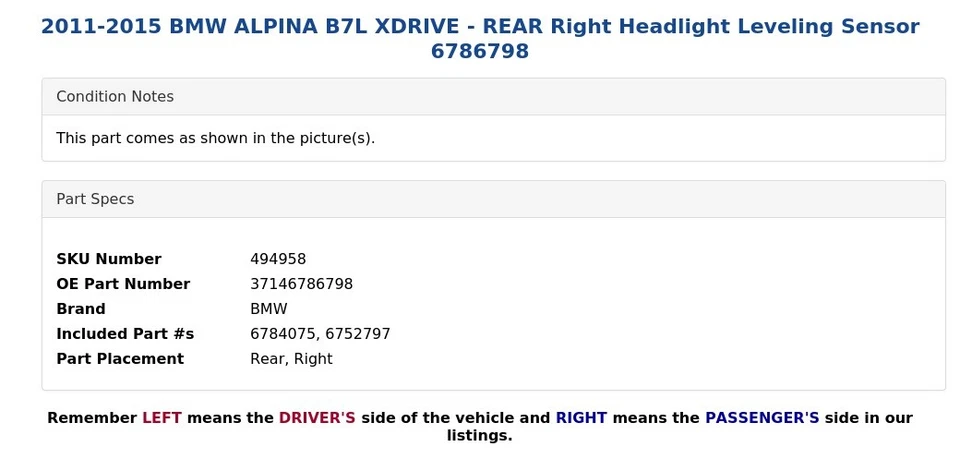 BMW ALPINA B7L XDRIVE 2011-2015 - Sensor de nivelación del faro trasero derecho 6786798 Foto 4 de 4