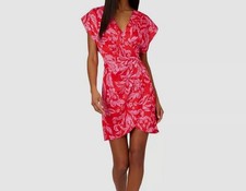 Adrianna Papell Women's Red Floral Surplice O-Ring Faux-Wrap Dress Size 2