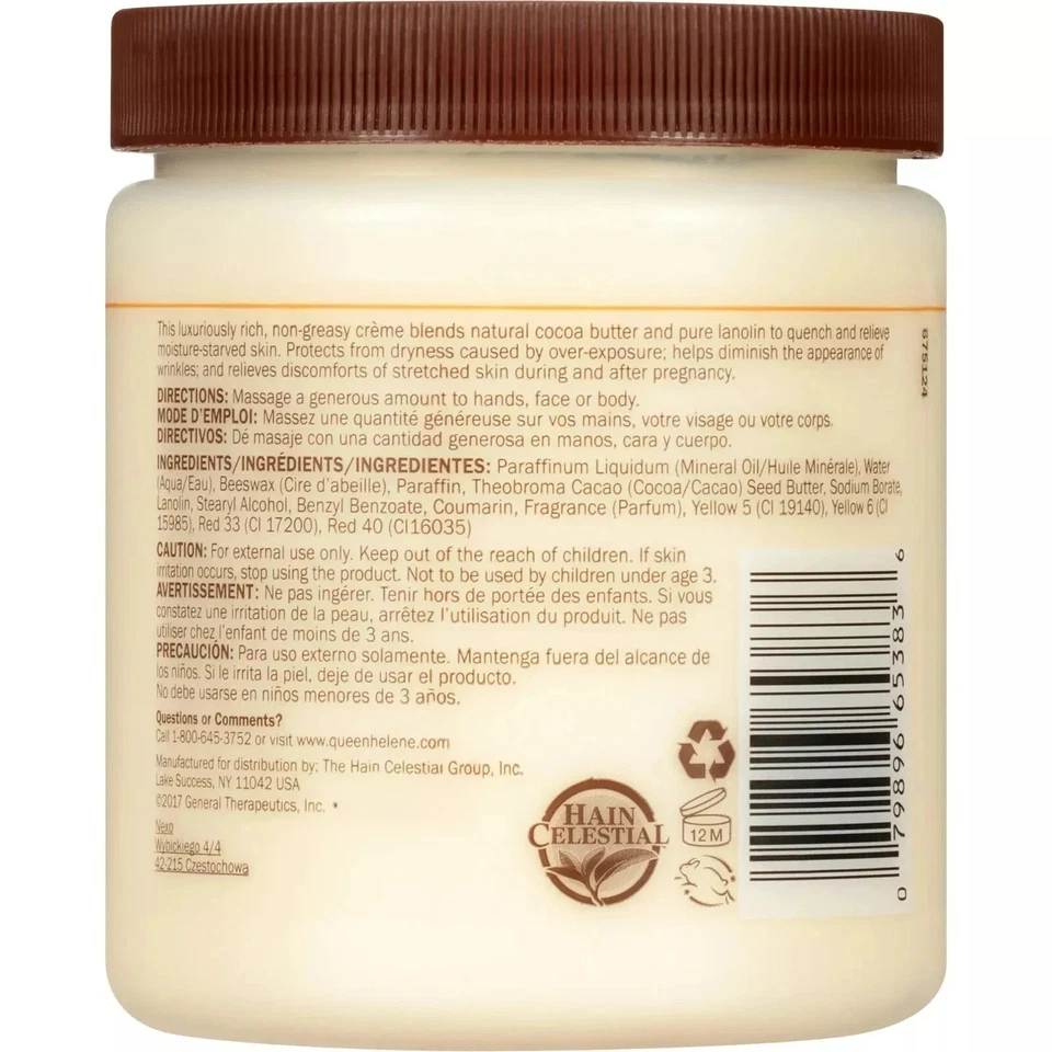 Paquete de 2 lociones corporales faciales crema de manteca de cacao Queen Helene para piel seca 15 OZ Ea Foto 4 de 4