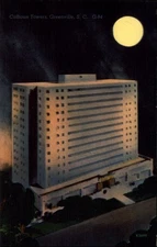 Calhoun Towers Greenville South Carolina night full moon vintage postcard l476