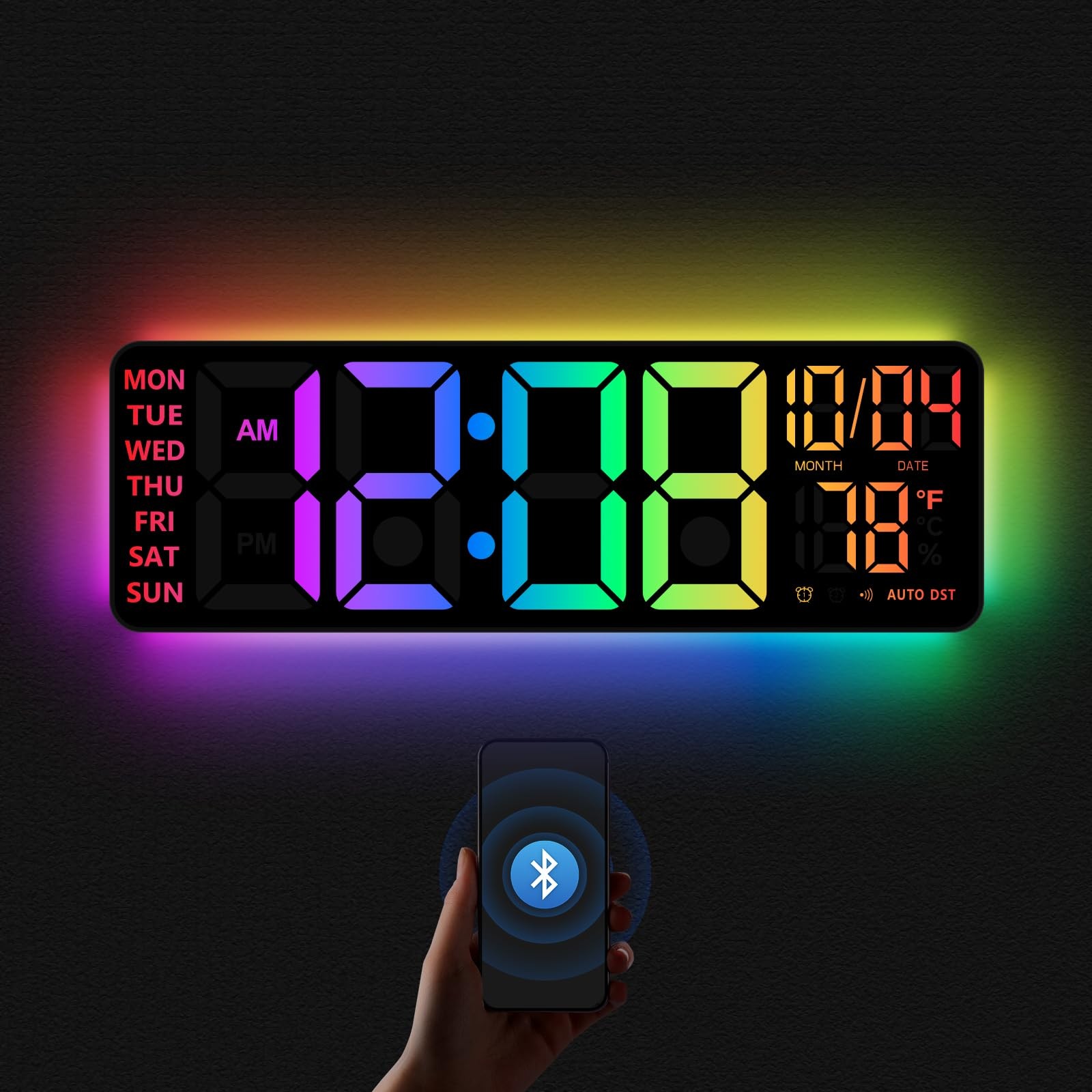 16 Digital Wall Clock with Night Light, Digital Clock with RGB Colors Changin...