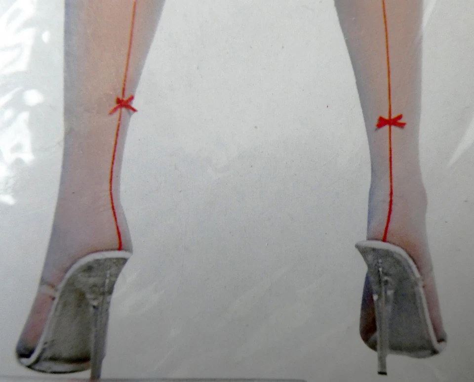 Leg Avenue Sheer White Seamed Stockings: Red Lace Contrast Tops, Seams and Bows - Image 3 of 4