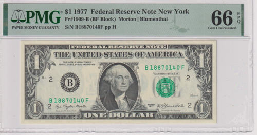 Fr 1909-B 1977 $1 FRN B18870140F PMG 66EPQ NEW YORK GREEN SEAL
