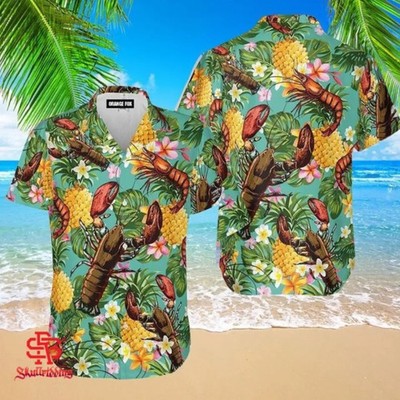 Hawaiian Shirt Lobster Pineapple Floral Aloha Summer Short Sleeve Button Up