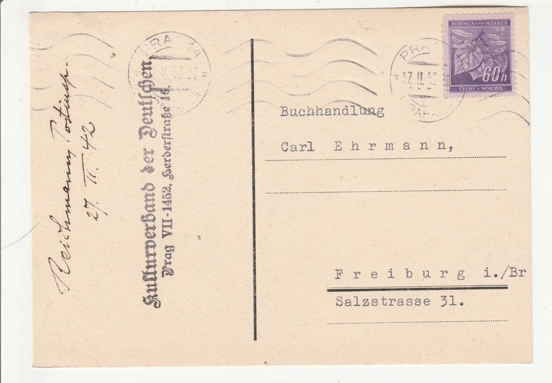 Bohemia & Moravia 'Postkarte' Kulturverband der Deutschen "27.II.42"