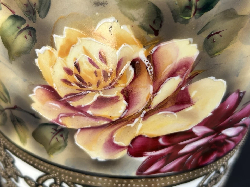 Jarrón Nipón Japonés 13" Pintado a Mano Rosas Oro Moriage Foo Perro Asas Foto 4 de 4